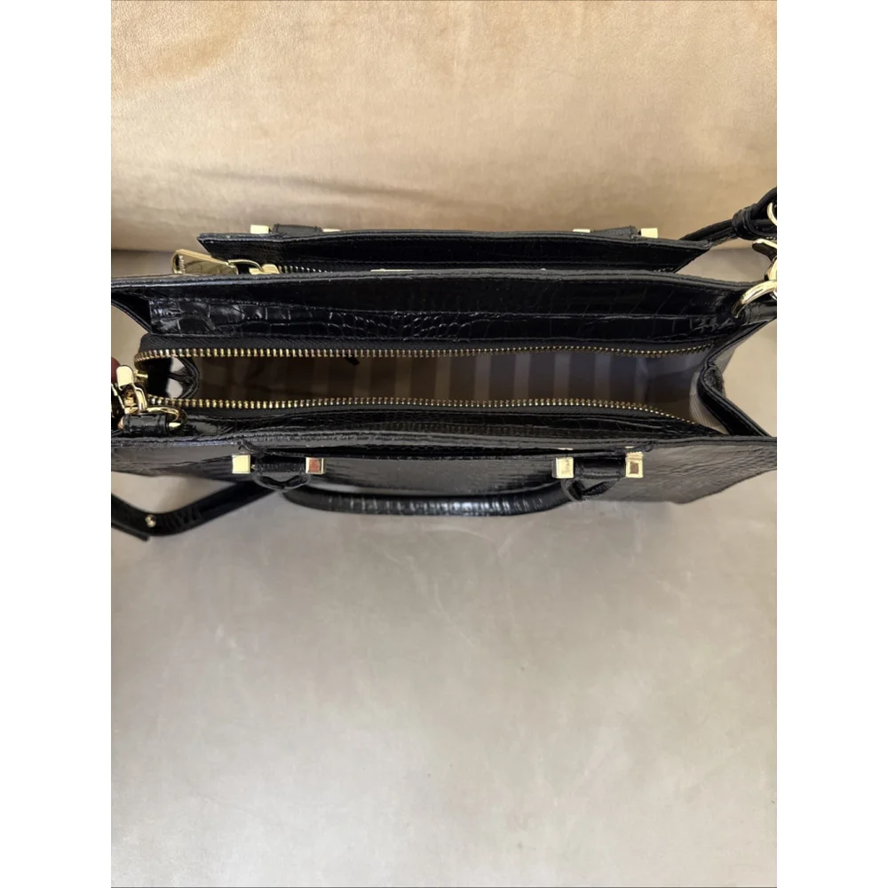 Brahmin Greta Large Creme Black Croc Embossed Leather Satchel